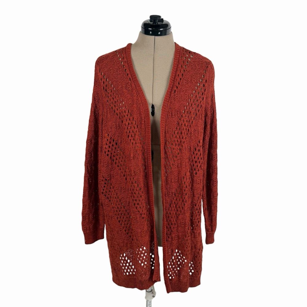 Maurices Cardigan Sweater 1X Rust Brown Pointelle Open Knit Duster Boho Longline